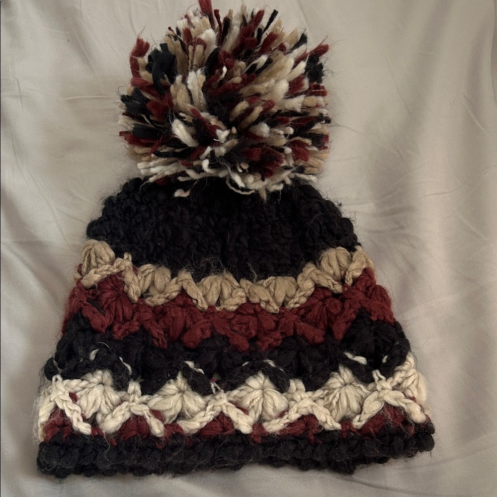 Free People Black, Cream, and maroonKnit Beanie